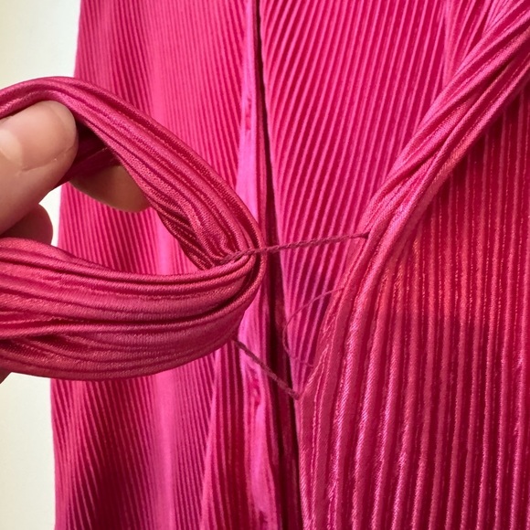 Hot Pink Plisse Button-Up Long Sleeve Belted Shirt Dress, Hot Pink Mini Dress - Picture 7 of 10